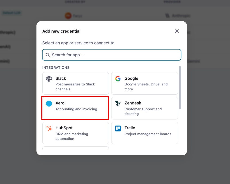 The Fibula provider picker with Xero highlighted